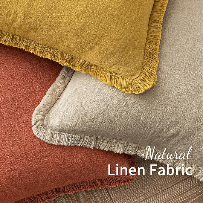 MIULEE Decorative Throw Pillow Covers Neutral Linen Fringe Throw Pillows Set of 2 Mustard Yellow Boho Farmhouse Cushion Covers with Tassels for Couch Sofa Bed Living Room Spring Home Decor 20x20 Inch