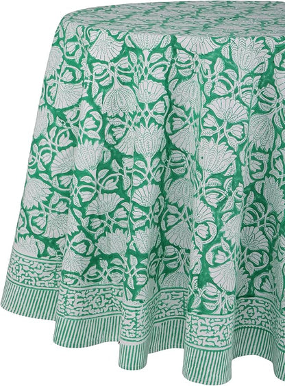 ATOSII Meadow Green 100% Cotton Summer Round Tablecloth, Block Print Table Cloth for Dining, Weddings, Outdoors, Parties I Grand Millenial Farmhouse Coastal Boho Home Decor 60" Inches