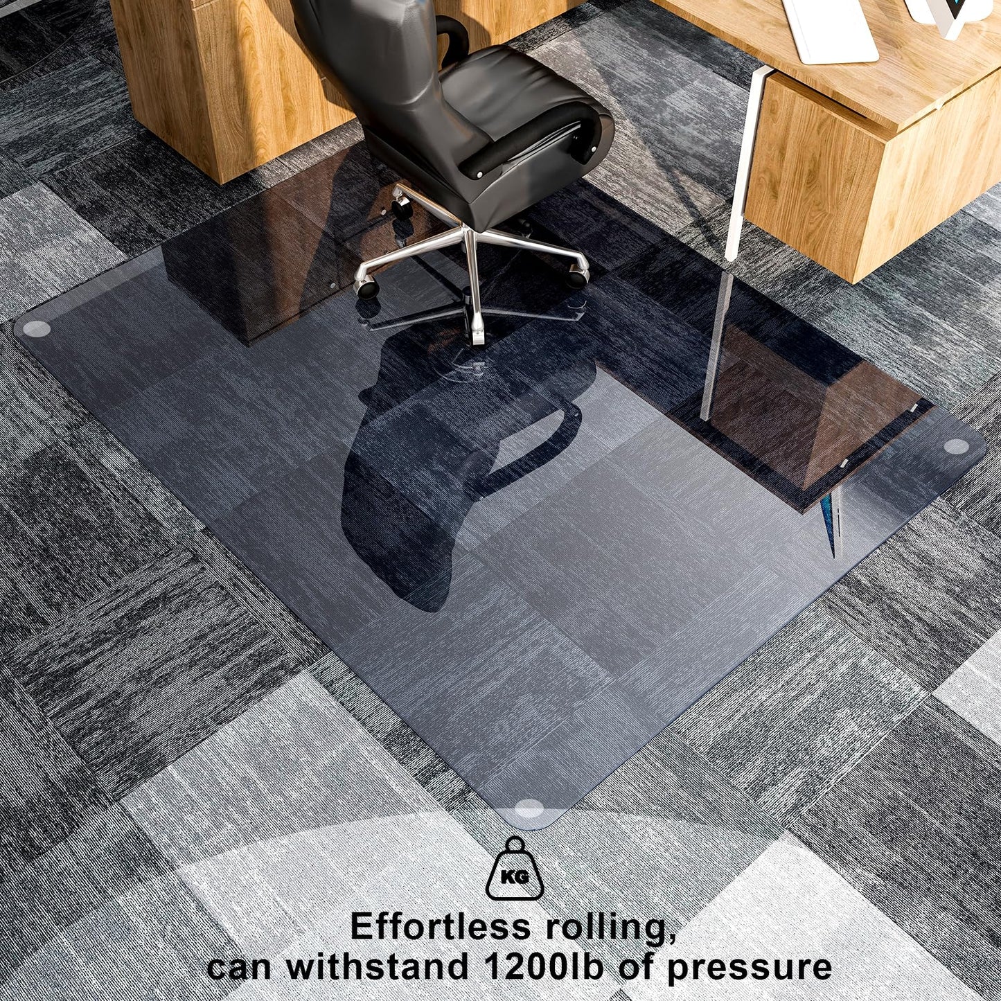 GLSLAND 46" × 55" [Tempered Glass] Chair Mat – Durable Office Chair Mat on Carpet with 0.2" Thickness, 4 Non‑Slip Pads, Sleek & Sturdy Matte Gray Finish, Smooth Glide & Easy Clean, Blue & Grey
