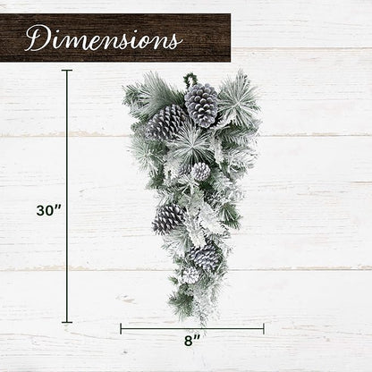 Fraser Hill Farm 30" Christmas Snow Flocked Teardrop Door Swag with Pinecones, FF030CHTD001-0SN
