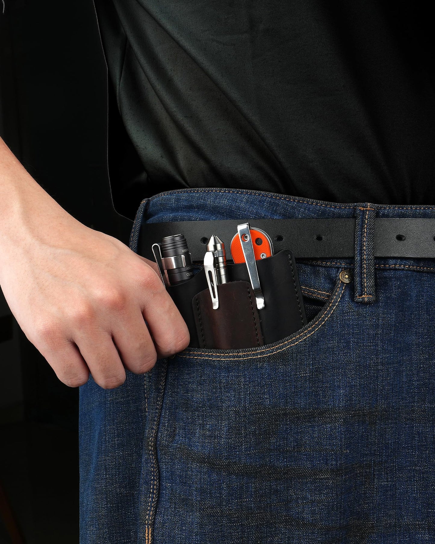 VIPERAED PJ38 Leather Multitool Sheath for Men, 4-in-1 Utility Leather Holster, EDC Pocket Organizer for Pocket Knife Multitool Flashlight and Pen
