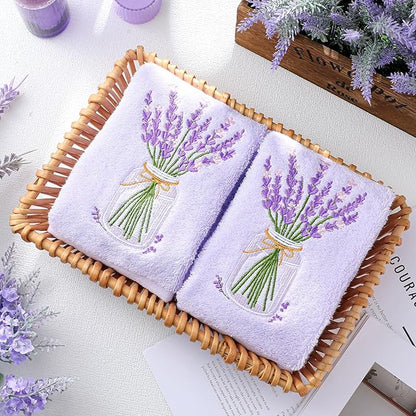 2 Pcs Lavender Hand Towels Purple Bathroom Decor 14x29 Inch Embroidered 100%