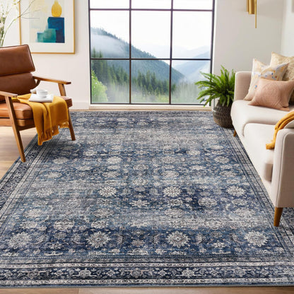 GarveeHome Area Rugs 8x10 Large Vintage Printed Accent with Non-Slip Backing, Stain-Resistant Oriental Living Room Washable Farmhouse Low Pile Rugs for Bedroom, Office, Blue