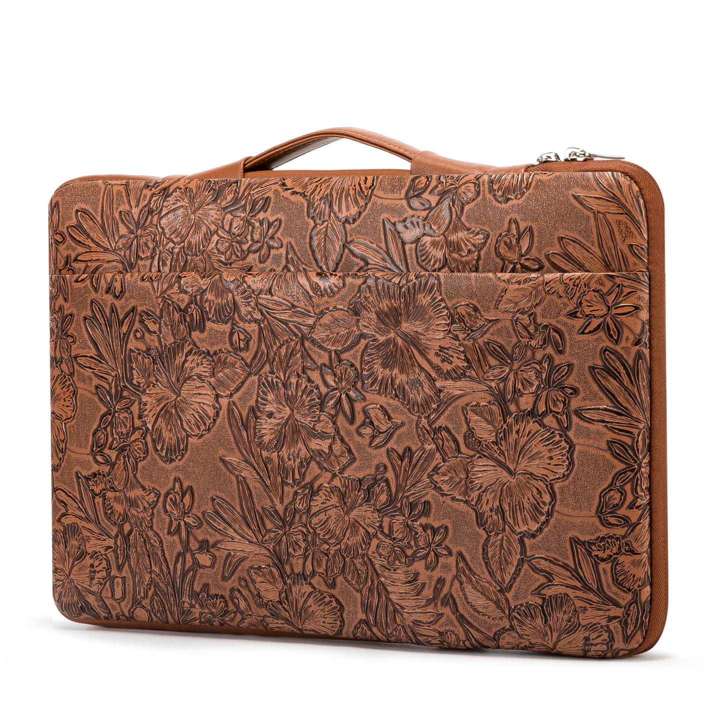 Kinmac Embossed PU Leather 360° Heavy Duty Protective Laptop Sleeve with Poacket (Coffee Flower, 15 inch-15.6 inch)