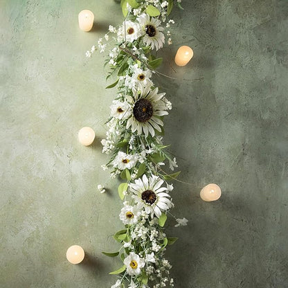 Sullivans Greenery Garland, Sunflower & Wispy Berry Spring Garland for Indoor, 66" White Flower Faux Life-Like Flower Garlands for Mantle Decor, Living Room, Home, & Office Fireplace Decorations