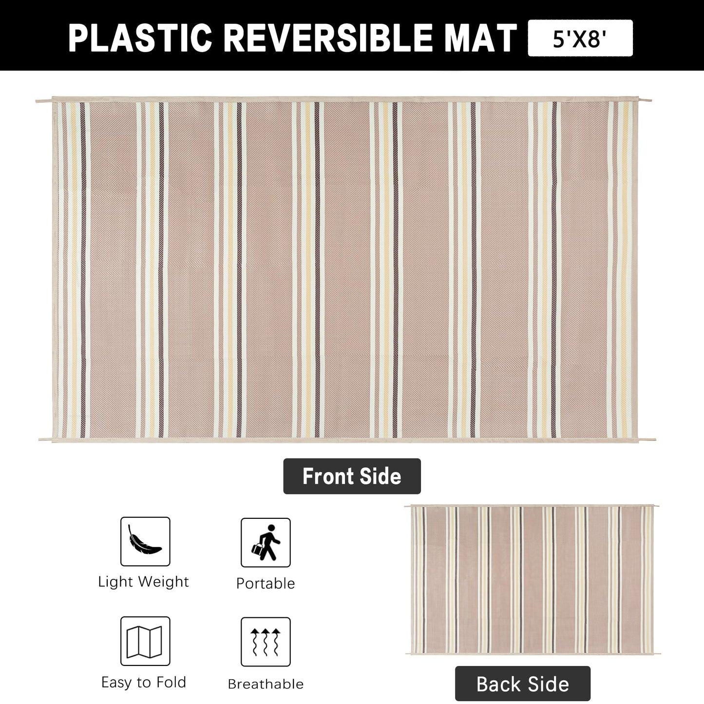 PureCozy Outdoor Waterproof 5x8 Rug for Patio Reversible Plastic Straw Beige Striped Camping Mat Outside Lightweight Large Floor Mat for RV Deck Beach Balcony Picnic Backyard Entry Porch