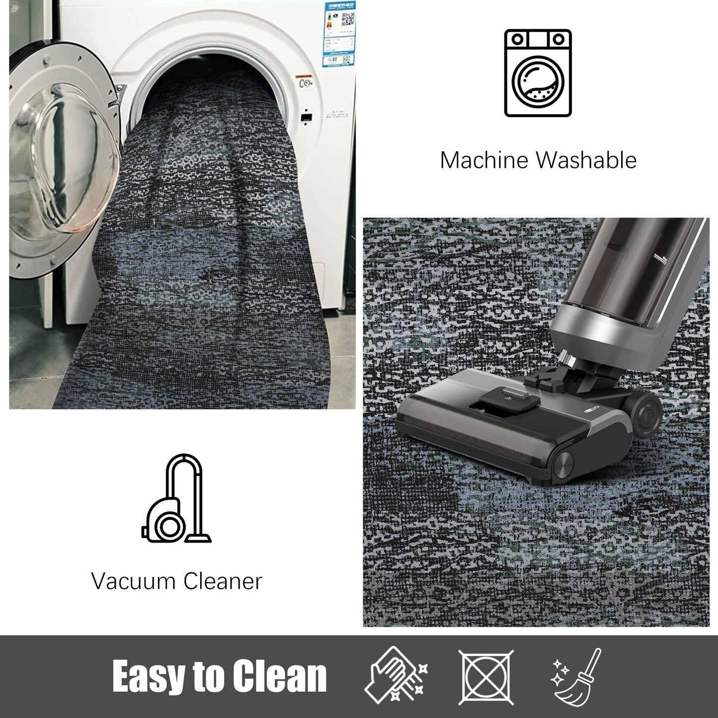 RUGSURE Washable Area Rug - 1/6 Thick - Stain & Water Resistant Non-Slip - Resistant Rug for Living Room, Bedroom, Nursery, Pet & Child Friendly, Vintage Charm Area Rugs (Darkgrey+Bule, 5' x 7')