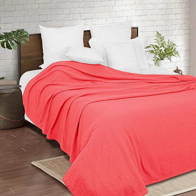 BELIZZI HOME 100% Cotton Bed Blanket,Breathable Thermal Blanket Full Queen Size,Soft Chevron Thermal Blanket 90x90in,Cotton Bed Blanket,Perfect for Layering Any Bed for All Season,Coral