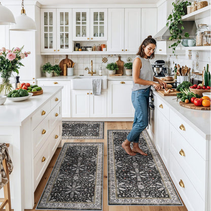 3-Piece Washable Kitchen Rug Set of 3 with Runner – Non-Slip Boho Kitchen Mats for Hardwood Floor, Sink & Entryway & Bathroom, Home Decor (Black,2x3+2x4+2x5)