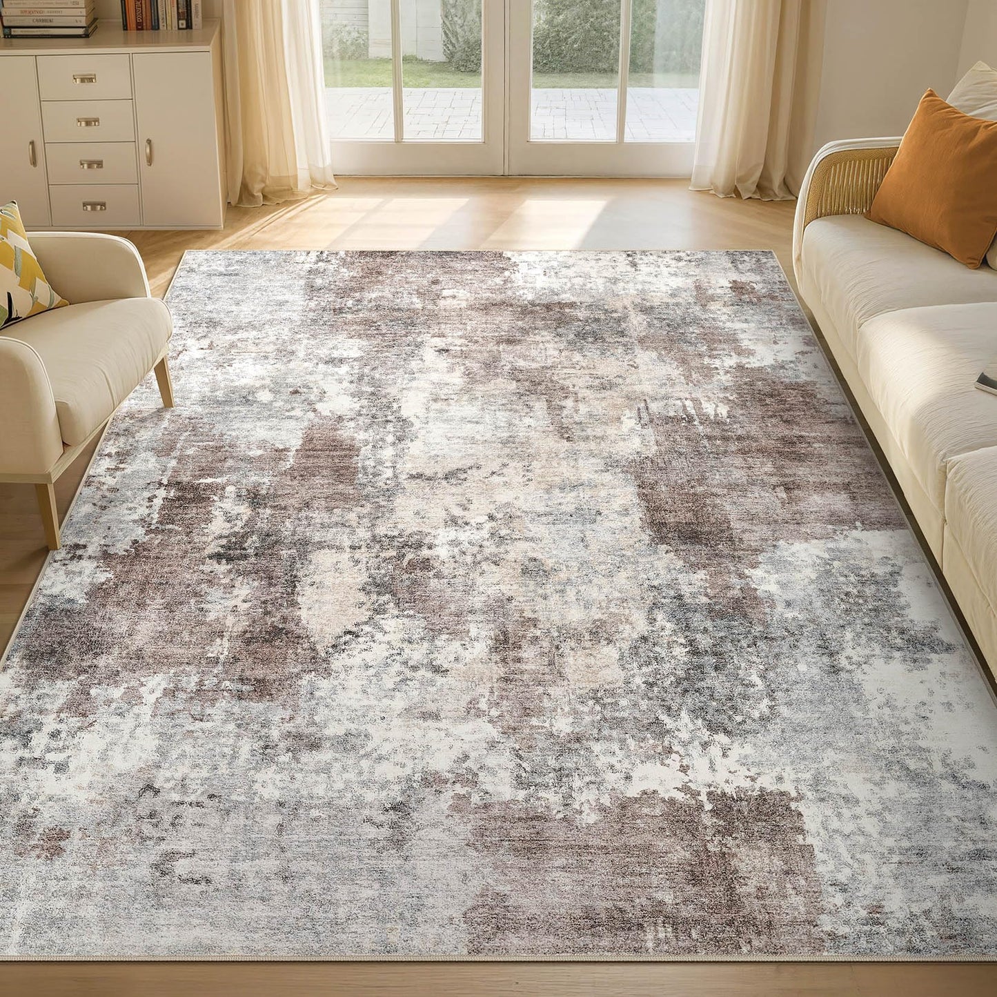 Tortania Washable 6x9 Area Rug for Living Room: Modern Abstract Neutral Large Soft Thin Rugs - Non Slip Indoor Carpet for Bedroom Dining Room Office Nursery Home Floor Decoration - Gray Brown