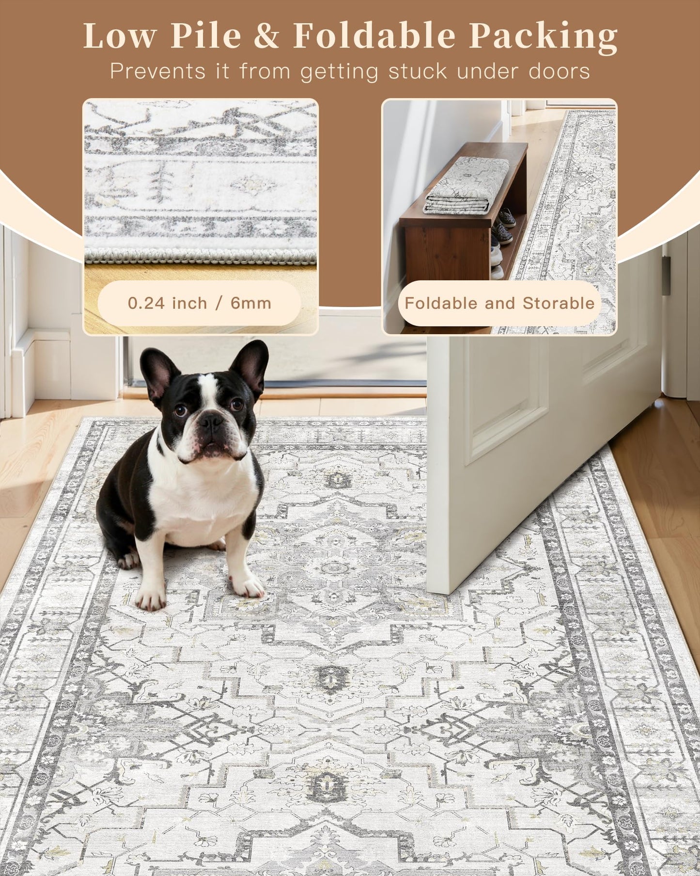 Madane Runner Rug 2x8, Washable Hallway Runner Rugs, Non-Slip Low-Pile Soft Kitchen Rug Runner Laundry Room Rug, Vintage Throw Entry Foyer Mat for Entrance Living Room (Grey, 2 x 8)