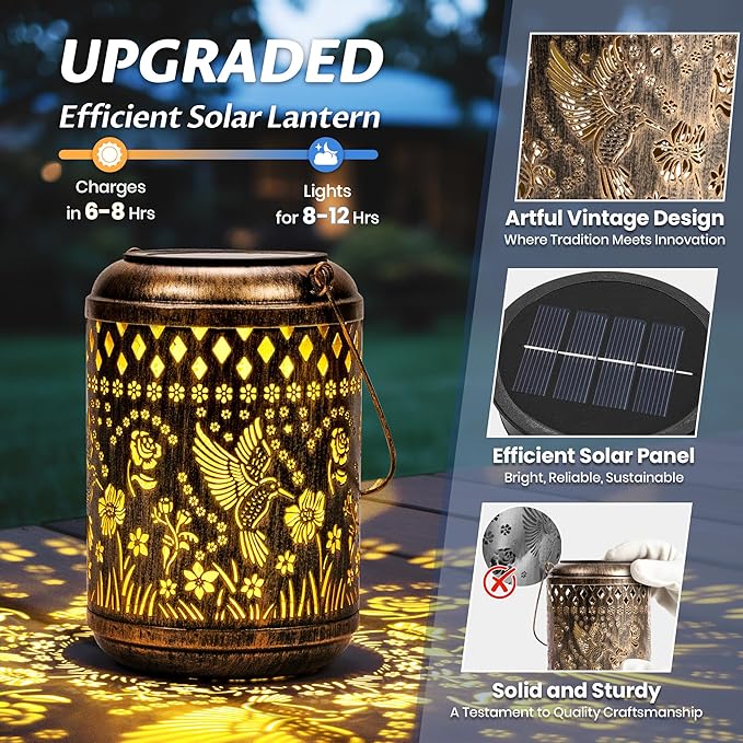 Solar Lanterns Hummingbird Christmas Garden Decor, 1 Pack Hanging Christmas Solar Lights Gifts for Mom Outdoor Waterproof Vintage Table Metal Lights for Yard, Patio, Lawn, Balcony, Pathway