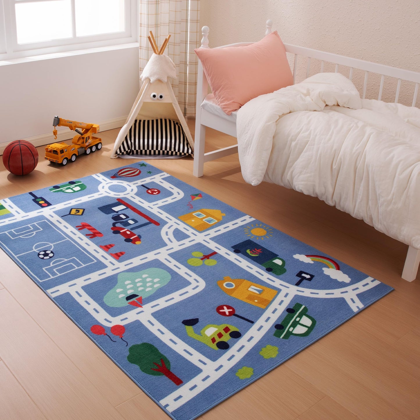 Amazon Basics Kids Washable Area Rug, Printed Carpet Play Mat for Living Room, Bedroom, Nursery, Classroom, 4' W × 6' L, City Road Blue