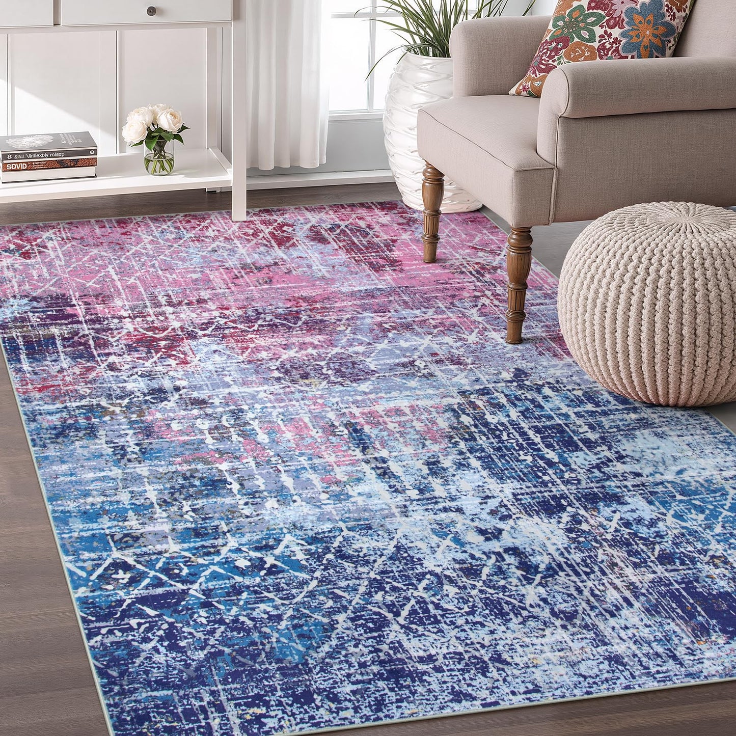 Zealude Boho Abstract Purple Pink Rugs for Bedroom Girls Kids, Washable 5x7 Preppy Colorful Area Rug for Living Dining Room, Non Slip Modern Pastel Carpet for Playroom Nursery Girls Room (5 x 7)
