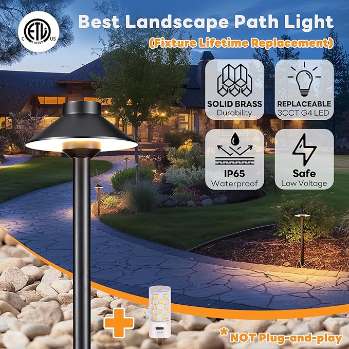 Gardenreet Low Voltage Landscape Path Light Solid Brass, 3 Color Temp Selectable LED Driveway Light Waterproof, Hat Shaped 12V Wired Black for Walkway Garden with 3W 270LM G4 Bulb (12 Pack)