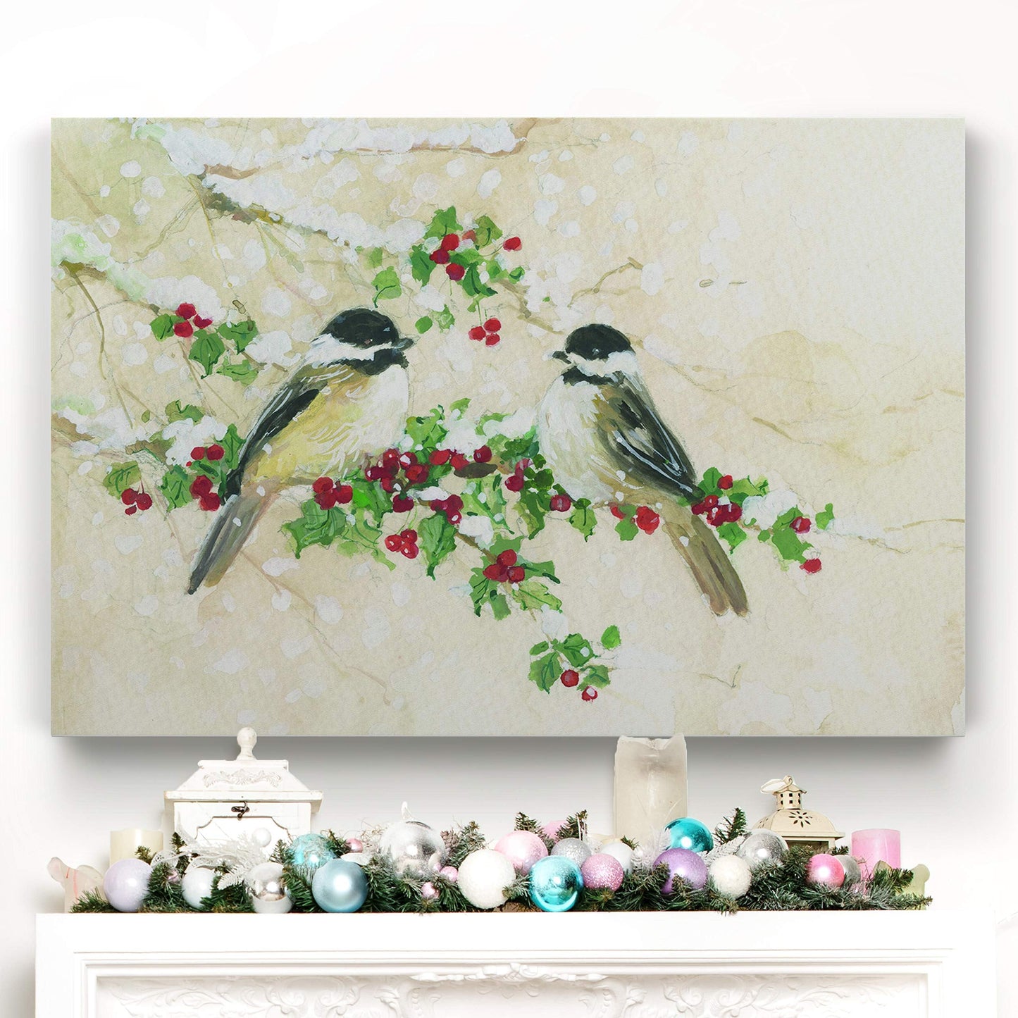 Renditions Gallery Christmas Decorations for Home Chickadees Birds and Holly Xmas Abstract Artwork Wall Hanging Paintings for Bedroom Dining Living Room Office Home Kitchen Wall Decor - 32"X48" LT18