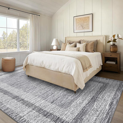 GarveeHome Modern Geometric Area Rug 5x7 Distressed Bordered Rug Washable Non Slip Floor Carpet Non Shedding Thin Rug, Soft Low Pile Rug, Contemporary Gray Rug for Dining Room, Living Room