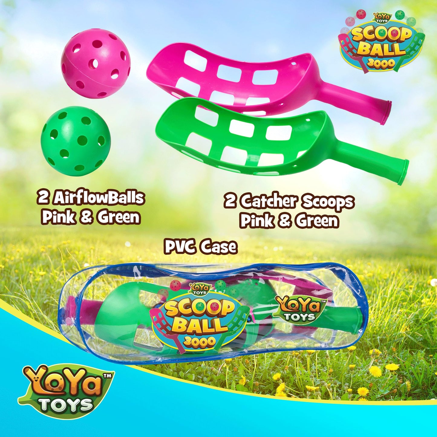 YoYa Toys Scoop Ball Set - Toss & Catch Game for Kids - Outdoor Fun, Beach Toys - Ideal for Field Day, Summer Activities, PE Equipment, Backyards, Parks, Camping - Includes 2 Scoops, 2 Balls, PVC Case
