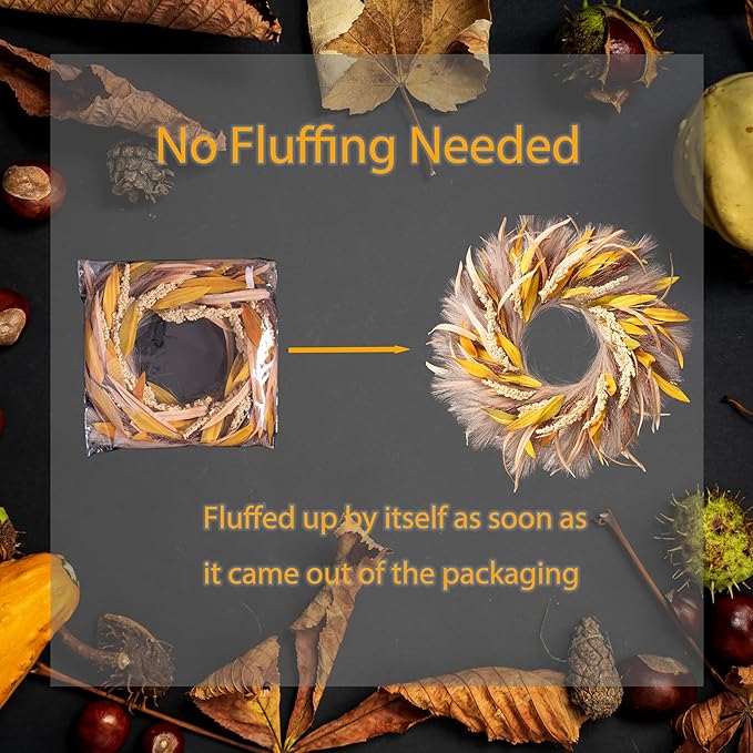 Fall Wreath 22-24inch Autumn Door Wreath with Yellow Leaves, Light Brown Reeds,Beige Wheat Ears for Farmhouse Indoor Outdoor Window Wall Thanksgiving Decor