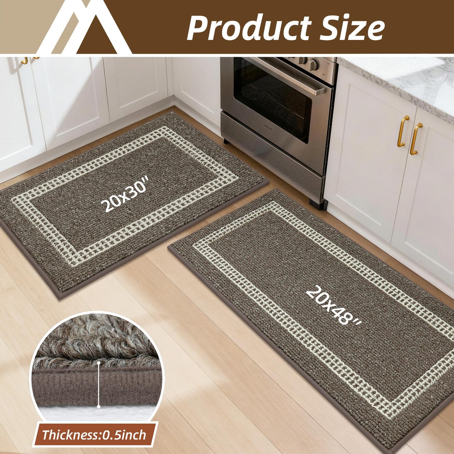 COSY HOMEER Kitchen Rugs Non-Slip 20x30/20x48 Inch Thick Polypropylene Standing Mat for Home Machine Washable, Brown