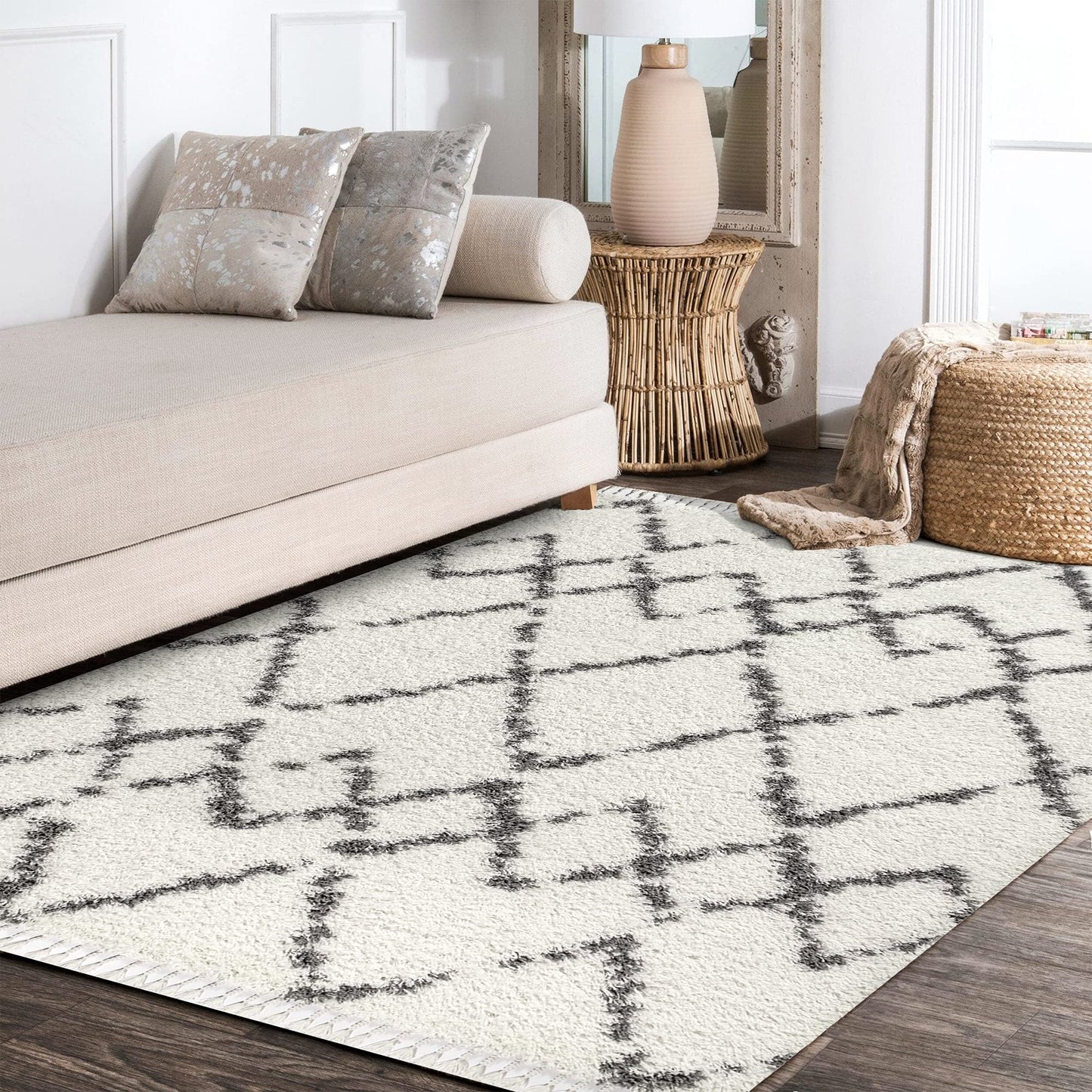 JONATHAN Y Mercer Shag Plush Tassel Ivory/Gray Indoor Area Rug, 3x5, Moroccan Geometric Trellis, Contemporary, Easy-Cleaning for Living Room, Bedroom, Kitchen, Pet Friendly, Non-Shedding (MCR102B-3)