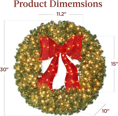 Best Choice Products 30in Large Artificial Pre-Lit Fir Christmas Wreath Holiday Accent Decoration for Door, Mantel w/Red Lighted Bow, 130 LED Lights, 220 PVC Tips, Power Plug-in
