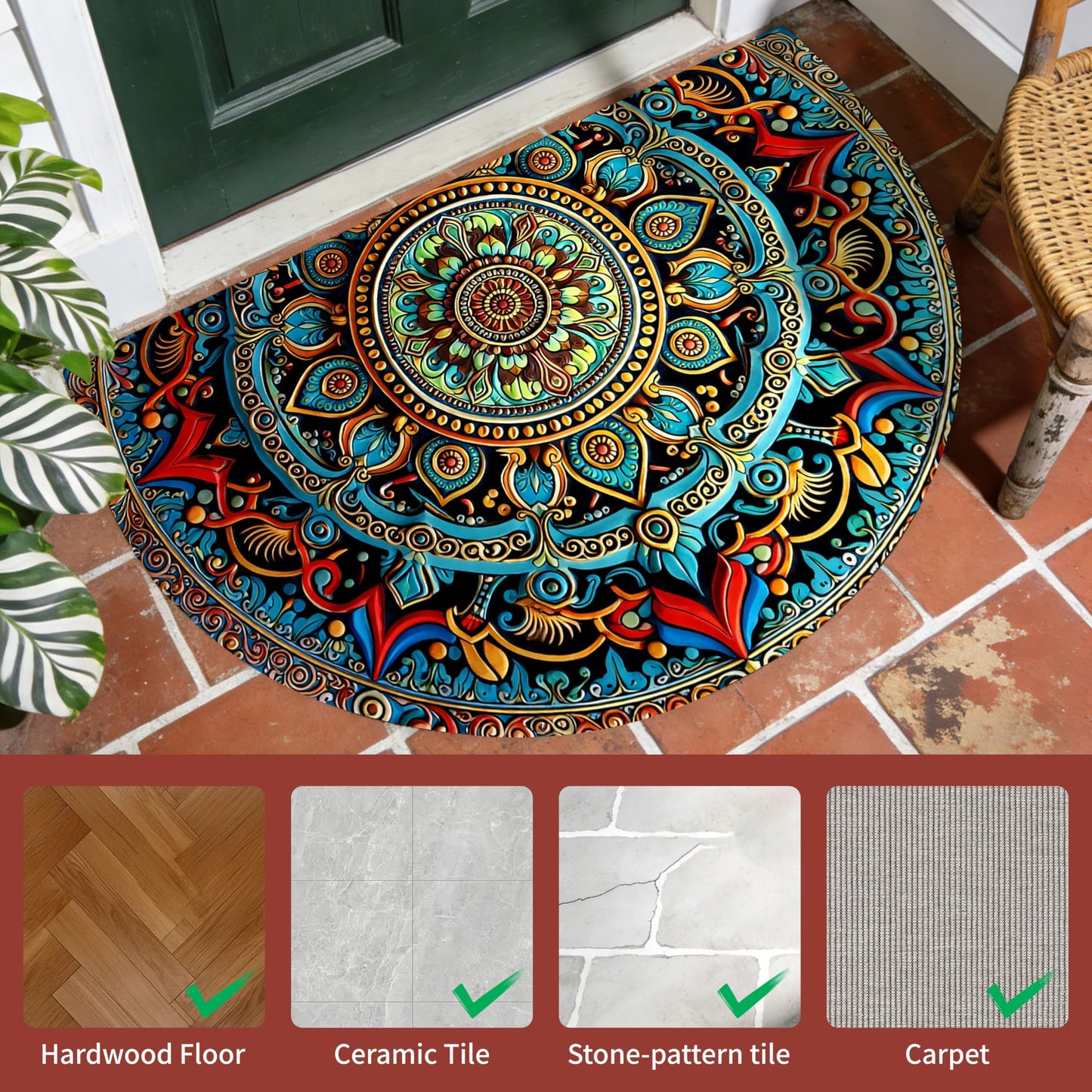 Half Circle Door Mat 24"x36" Non-Slip Washable Welcome Mat, Bohemian Mandala Style Low Profile Front Door Mat Semicircular Entrance Doormat, Dirt Trapper Floor Mat for Indoor Outdoor Entryway Patio