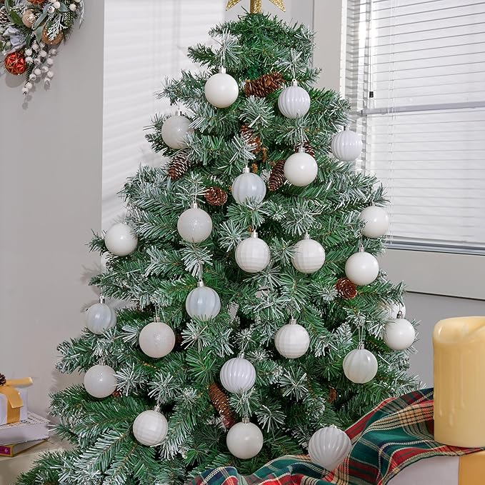 JOIEDOMI 24 Pcs White Christmas Balls Ornaments Set, 2.36" Christmas Tree Ornaments Shatterproof, Xmas Balls Hanging Decorations for Tree Wreath Garland Holiday Wedding Indoor Party Decor
