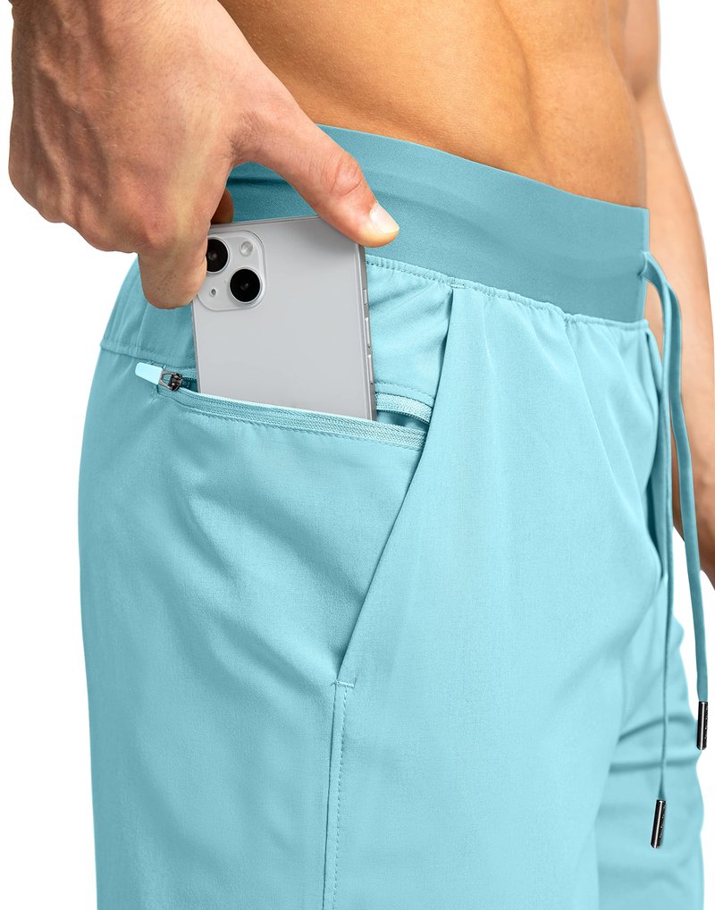 Soothfeel Men's Running Shorts with Zipper Pockets 7 Inch Lightweight Quick Dry Gym Athletic Workout Shorts for Men (Light Blue, XS)