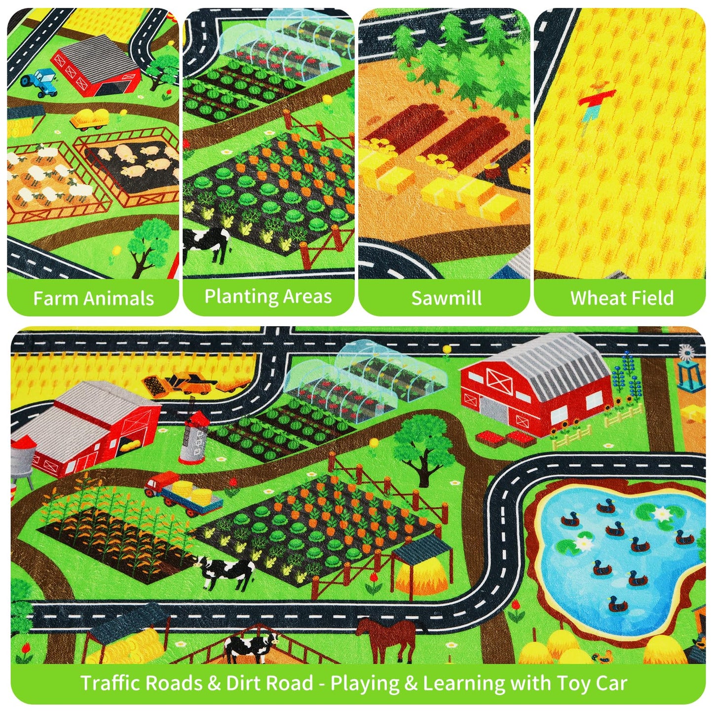 Mfmiudole Kids Rug for Car Toy Farm Track View, Large Play Rug 6'7" x 9'2" with Road Traffic Play Carpet Washable Educational Mat for Toddler Playroom Classroom Nursery (1-Farm Life, 110"×78.7")