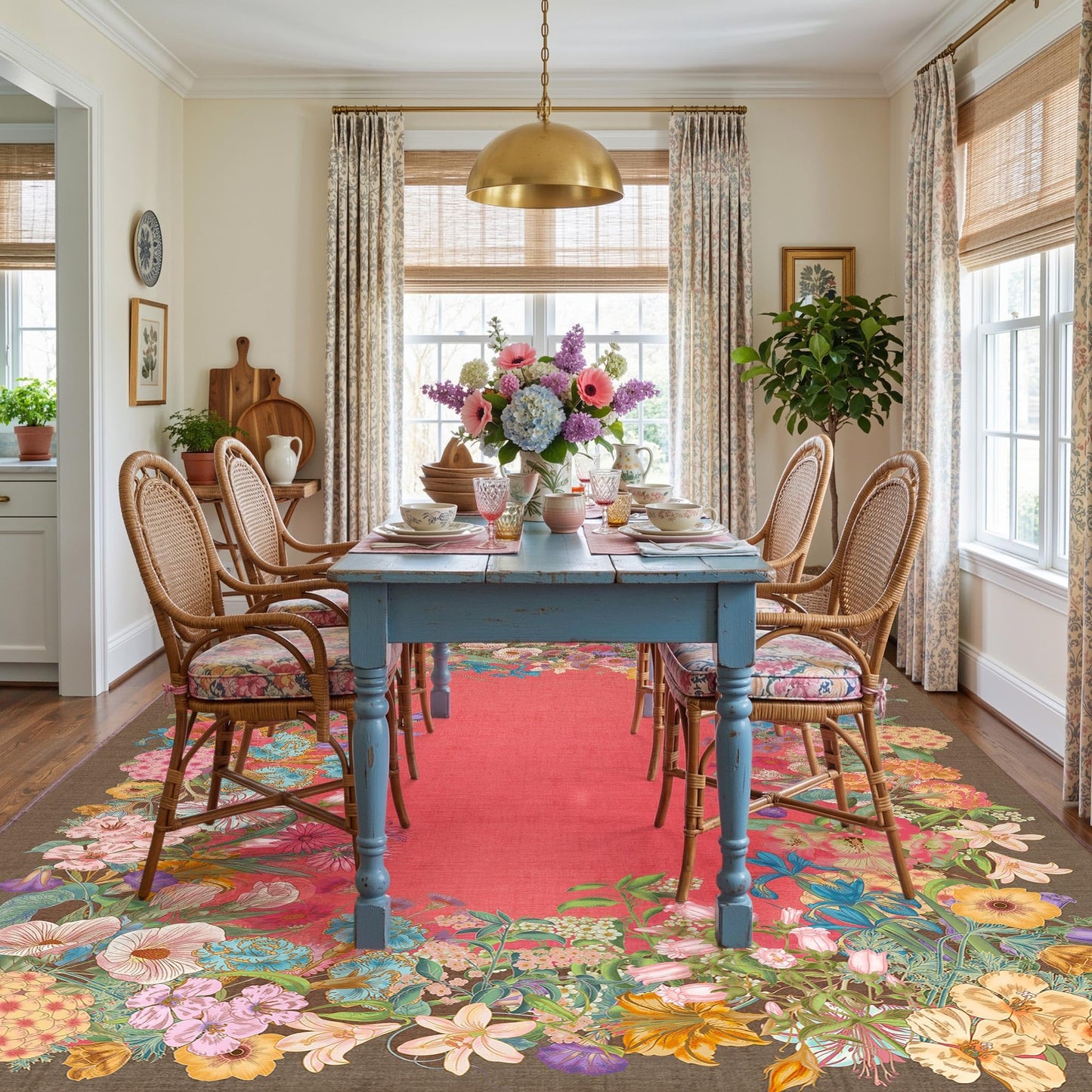 8x10 Floral Area Rug for Living Room Machine Washable Rose Brown Boho Floral Print Carpet Non-Slip Stain Resistant Floor Mat for Bedroom Dining Room Home Office Decor