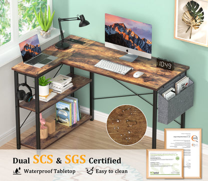 Mr IRONSTONE L Shaped Desk with Outlets & USB Ports, Reversible 47 Inch Office Desk, Corner Desk for Small Space, Home Office Desk with Storage Bag & Hook, Rustic Brown