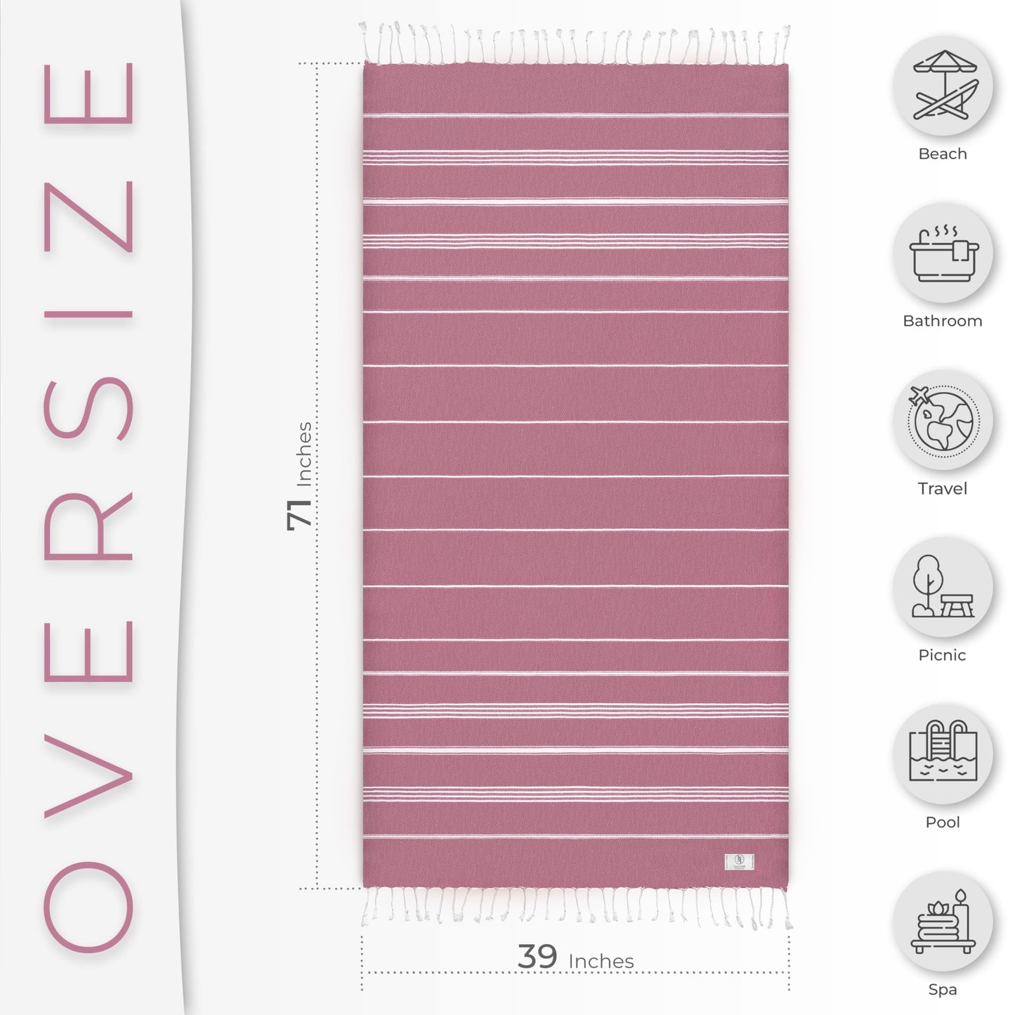 Ossano Turkish Beach Towel Soft & Drying Oversized (39" x 71") - Quick Dry, Versatile and Functional as Picnic, Travel and Beach Blanket, Yoga, Gym, Pool and Cruise Towels - Pink