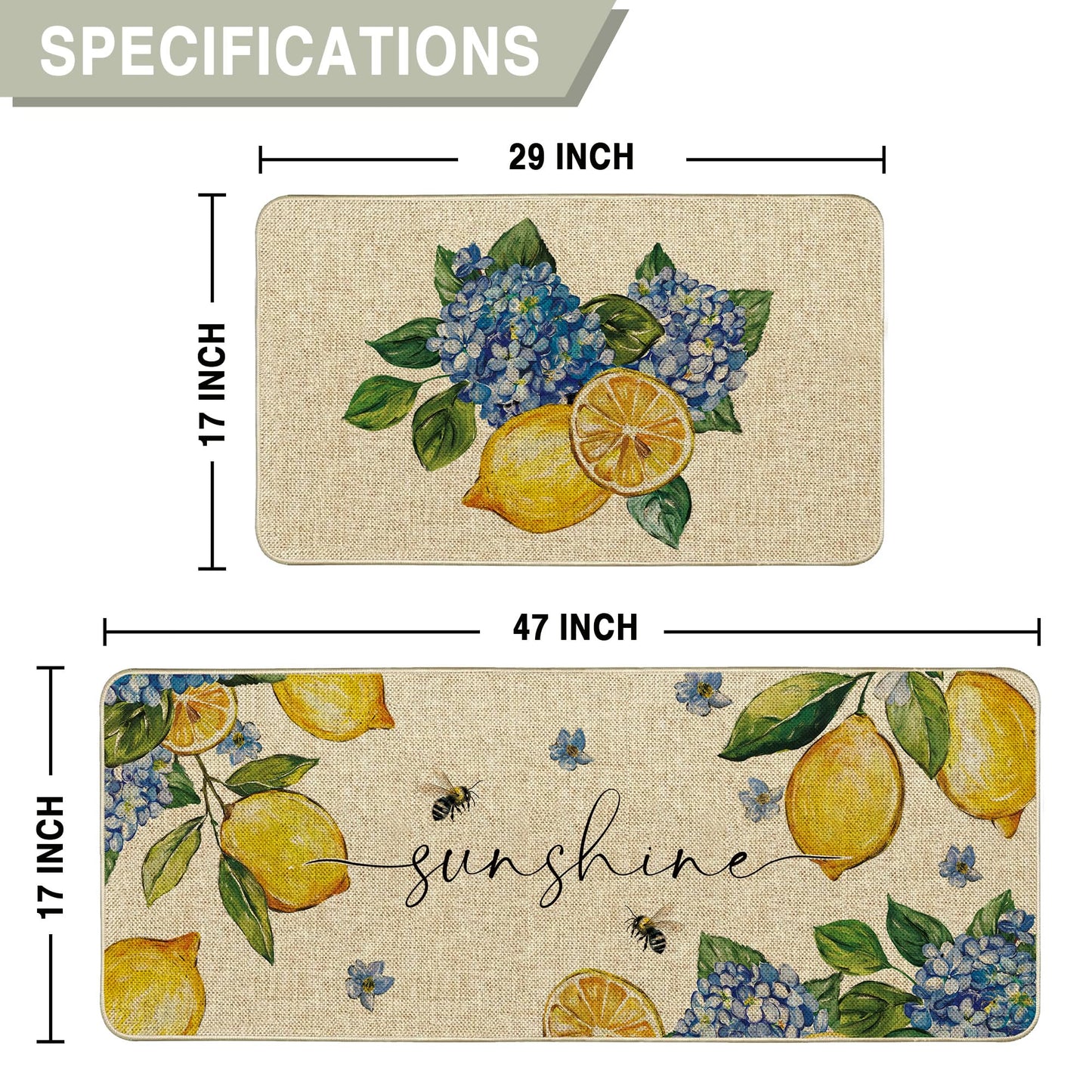 Tikeciti Summer Lemon Kitchen Mats Set of 2, Almafi Italy Blue Hydrangea Kitchen Rugs Sunshine Bee Floor Rug Non-Slip Low Profile Mat Seasonal Farmhouse Home Decor 17x29 and 17x47 Inch