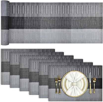 Aofmee Table Runner and Placemats Set of 6 Washable, Heat Resistant Place Mats with Table Runner, Woven Vinyl Table Placemats for Dining Table, Stain Resistant Kitchen Table Mats Sets, Easy to Clean