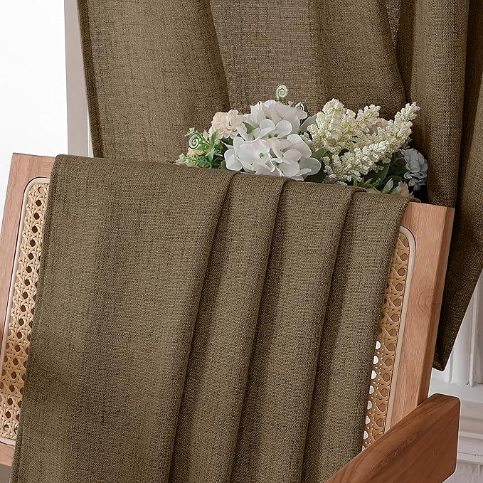 Tollpiz Short Linen Curtain Living Room Rod Pocket Semi Sheer Curtains Burlap Light Filtering Thick Linen Drape for Bedroom, 54 x 45 inches Long, Brown, Set of 2 Panels