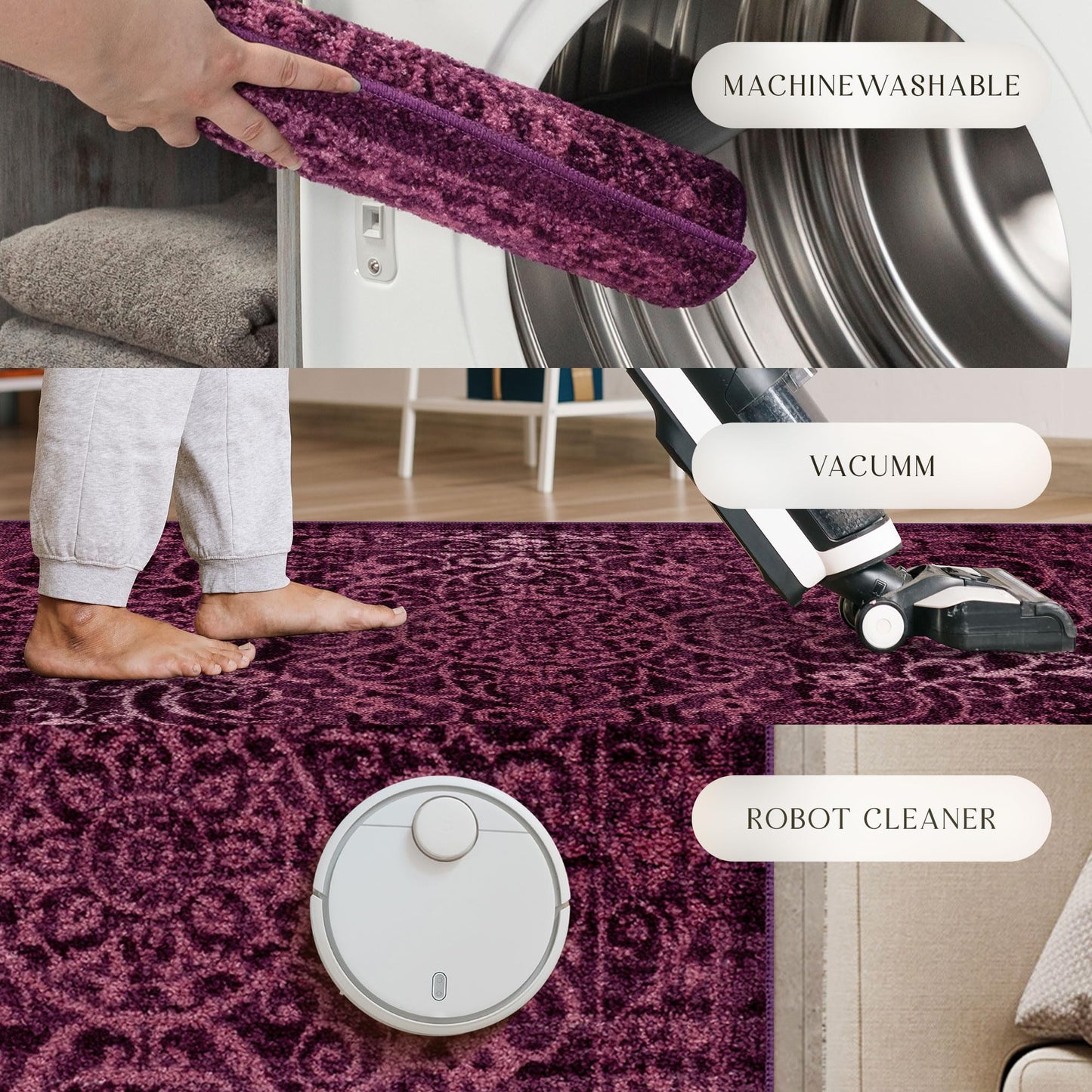 Maples Rugs Pelham Vintage Medallion Runner Rug - Made in USA - Washable, Non-Slip, Low Profile Indoor Rug for Hallway, Kitchen, and Laundry Room, 2' x 6', Wineberry