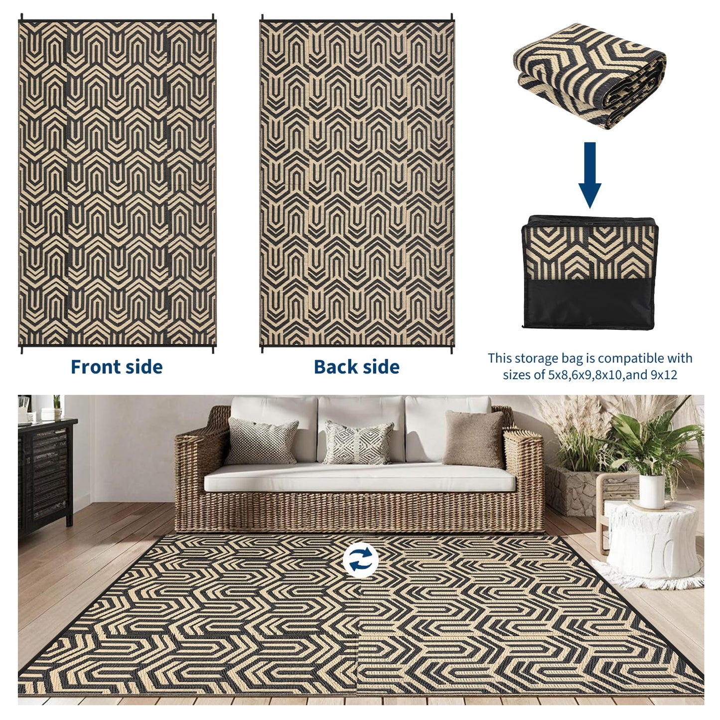 GarveeHome 9'x12' Outdoor Rug Waterproof – Large Patio Mat for Under Dining Table or Sectional Sofa – Low Pile Reversible Plastic Mat, Stain Resistant & Hose Clean, All-Weather UV Coated, Coffee