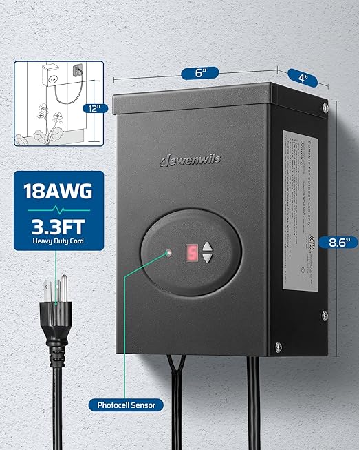DEWENWILS 300W Low Voltage Landscape Transformer, Outdoor Weatherproof Transformer with Timer and Photocell Sensor, 120V AC to 12V/12V AC for LED Lighting, Spotlight, Pathway Light, ETL Listed