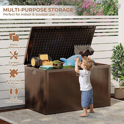 130 gal Brown Resin Deck Box, Outdoor Storage Box Waterproof Lockable, Patio Deck Box For Package Delivery, Outside Storage Box Container for Furniture Cushions, Garden Tools, Pool Accessories
