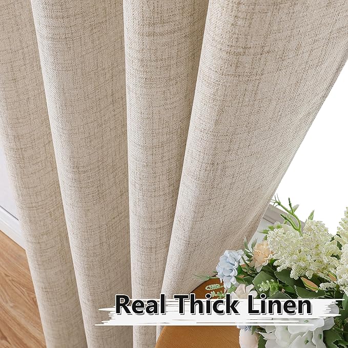 Tollpiz Short Linen Curtains Living Room Rod Pocket Semi Sheer Curtain Burlap Light Filtering Thick Linen Drapes for Bedroom, 54 x 54 inches Long, Natural, Set of 2 Panels