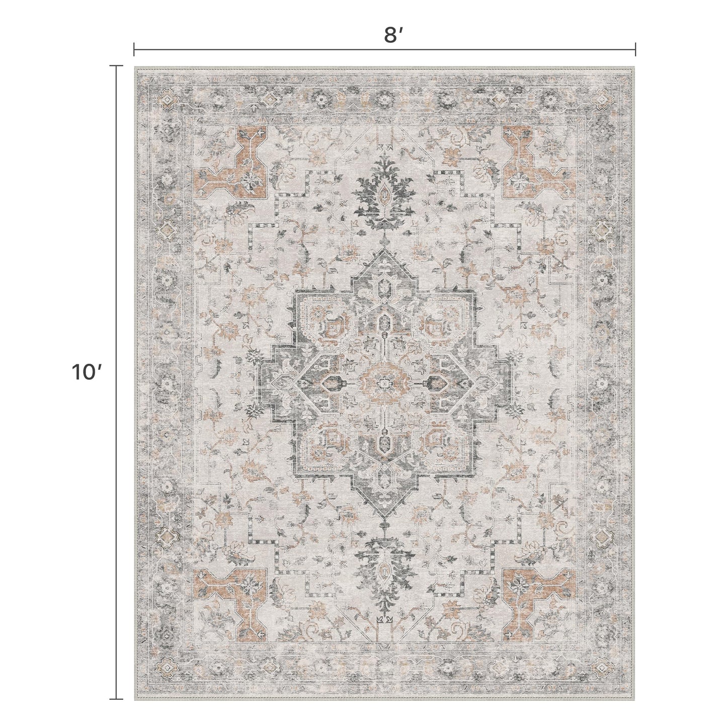 BESBLEE 8x10 Area Rugs for Living Room, Machine Washable Non Slip Vintage Rugs, Low Pile Lightweight Print Rug for Bedroom, Dining Room, Home Office, Light Taupe Brown