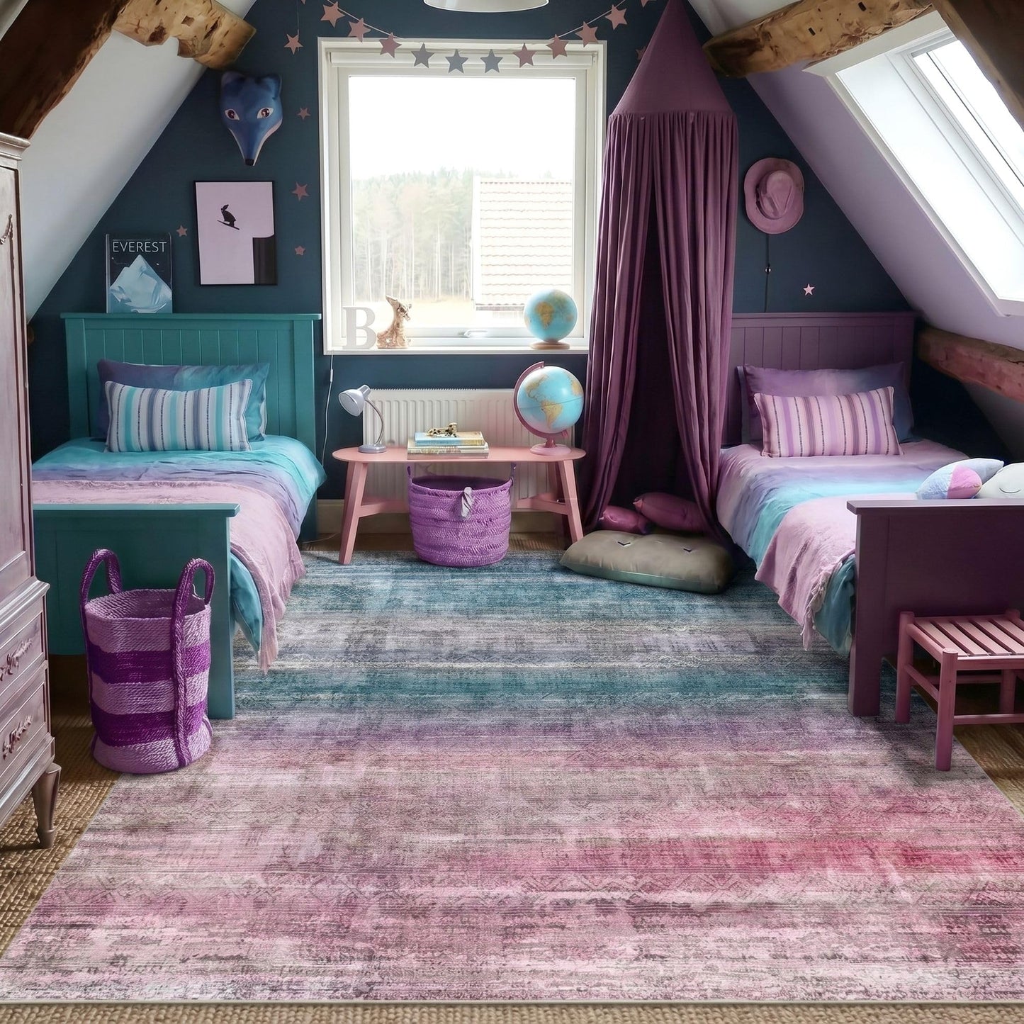 Kokia Abstract Area Rugs Boho Washable Distressed Retro Indoor 6x9 Rug Multicolor Low Pile Non-Slip Non-Shedding Red Carpet Bedroom Living Room Dining Room, Oslo Orchid