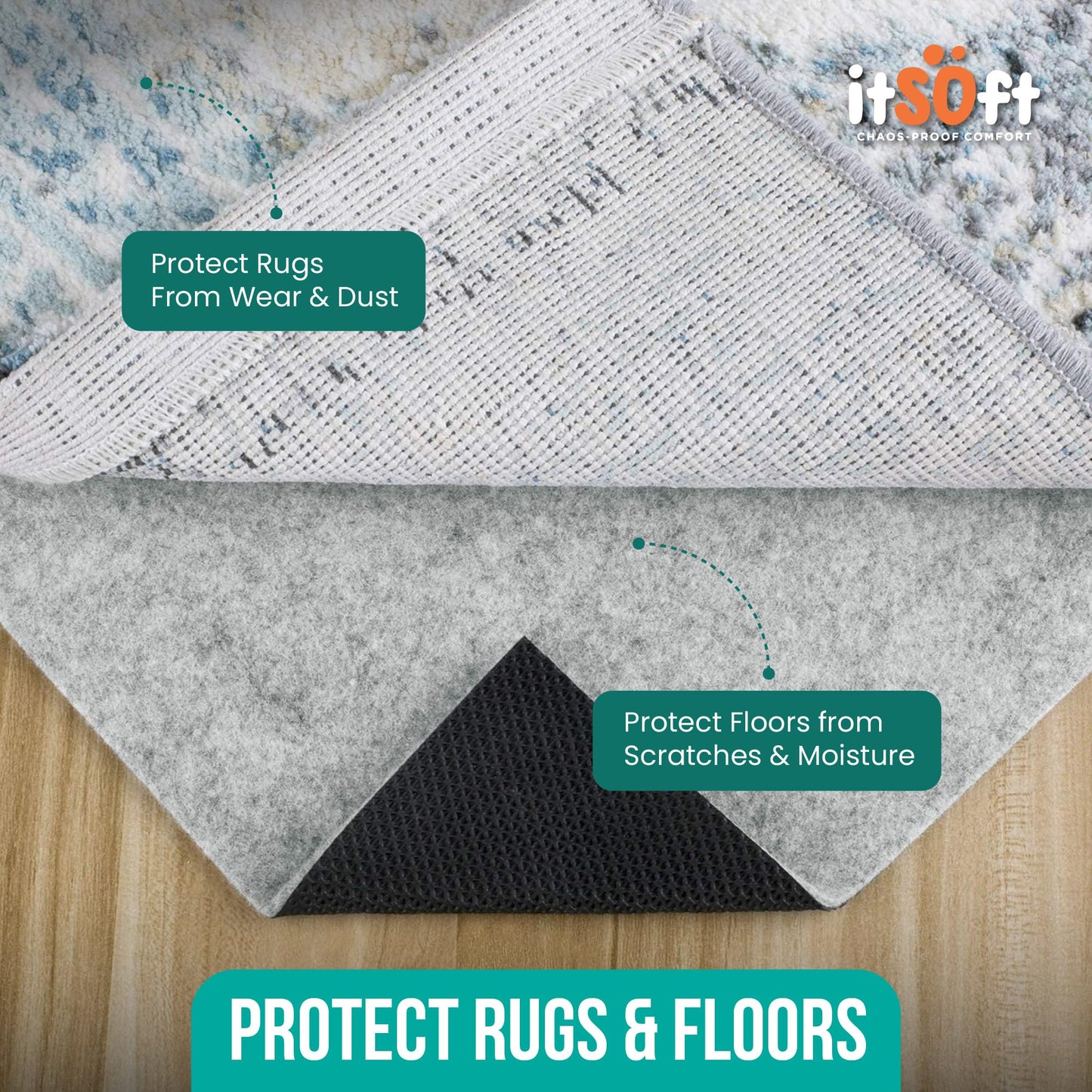 Premium Non Slip Rug Pad 2x3 Feet, 1/4" Thick Cushioned Rug Gripper for Hardwood Floors, Vinyl, Laminate, Stone, Carpet & Tile, Under Rug Padding Protects Floors
