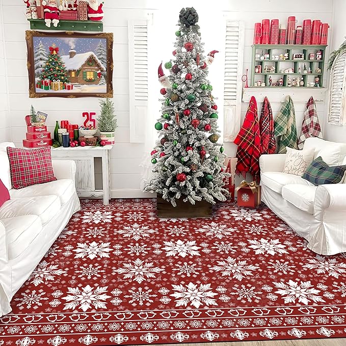 5' X 7' Christmas Rugs Xmas Area Rug for Living Room Bedroom Dining Room Dorm Classroom Nursery Red Snowflake and Plaid Carpet Doormat Floor Mat Pad Winter Vintage