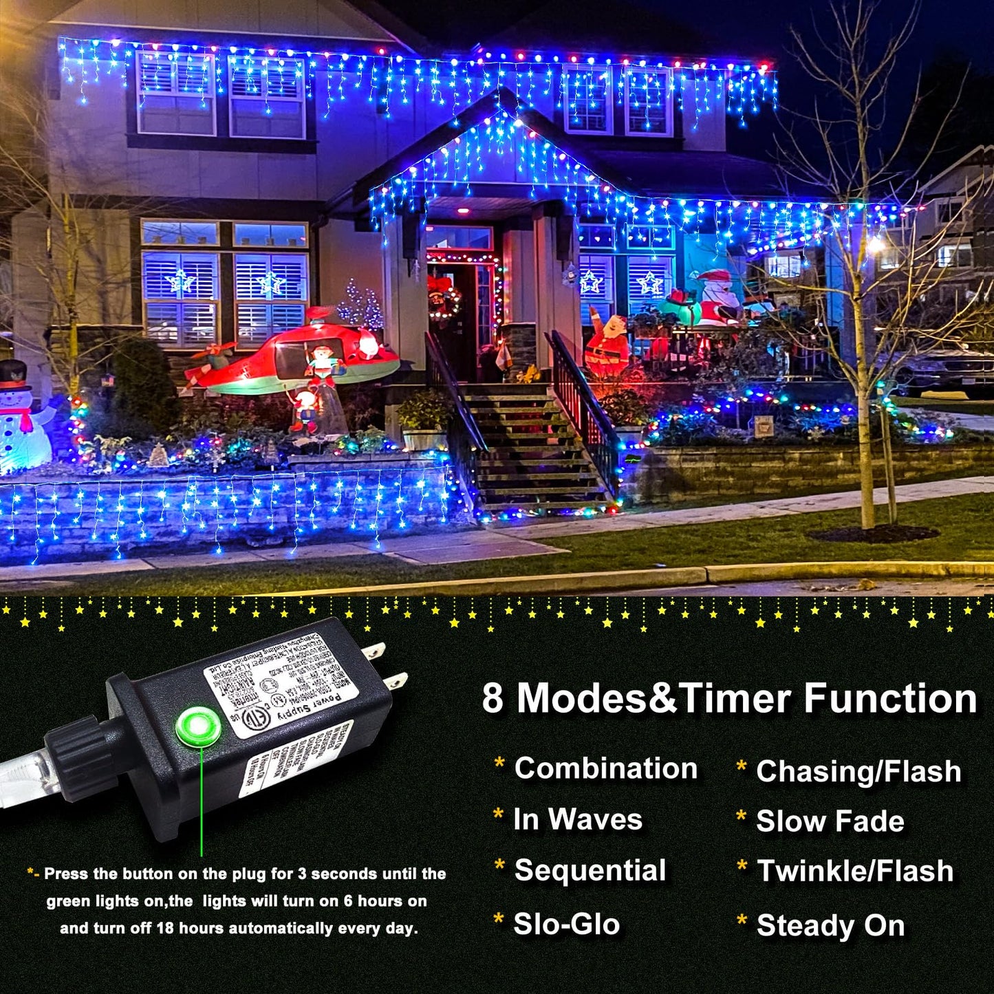 Einiiya Christmas Icicle Lights Outdoor 66 FT 640 LED Icicle Lights Plug in Conenectable Hanging Christmas Light for Outside Holiday Pavilion Balcony House Decorations, Blue