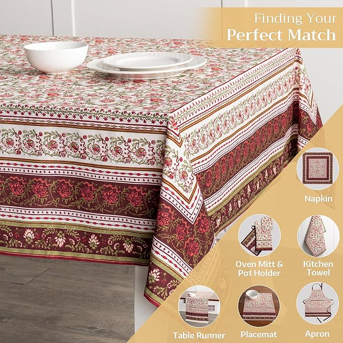 Maison d' Hermine Table Cloth Rectangle Table 100% Cotton 60 x 90 Inches Fall Tablecloth Reusable Everyday Use for Thanksgiving Christmas Decorations Dining Farmhouse Party (Reveillon Au Jardin)