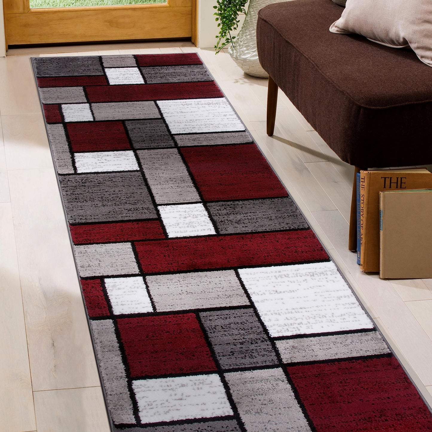 Rugshop Modern Geometric Boxes Red Area Rug, Carpet with Jute Backing for Hallway, Entryway, or Laundry Room, 2' x 7'2"