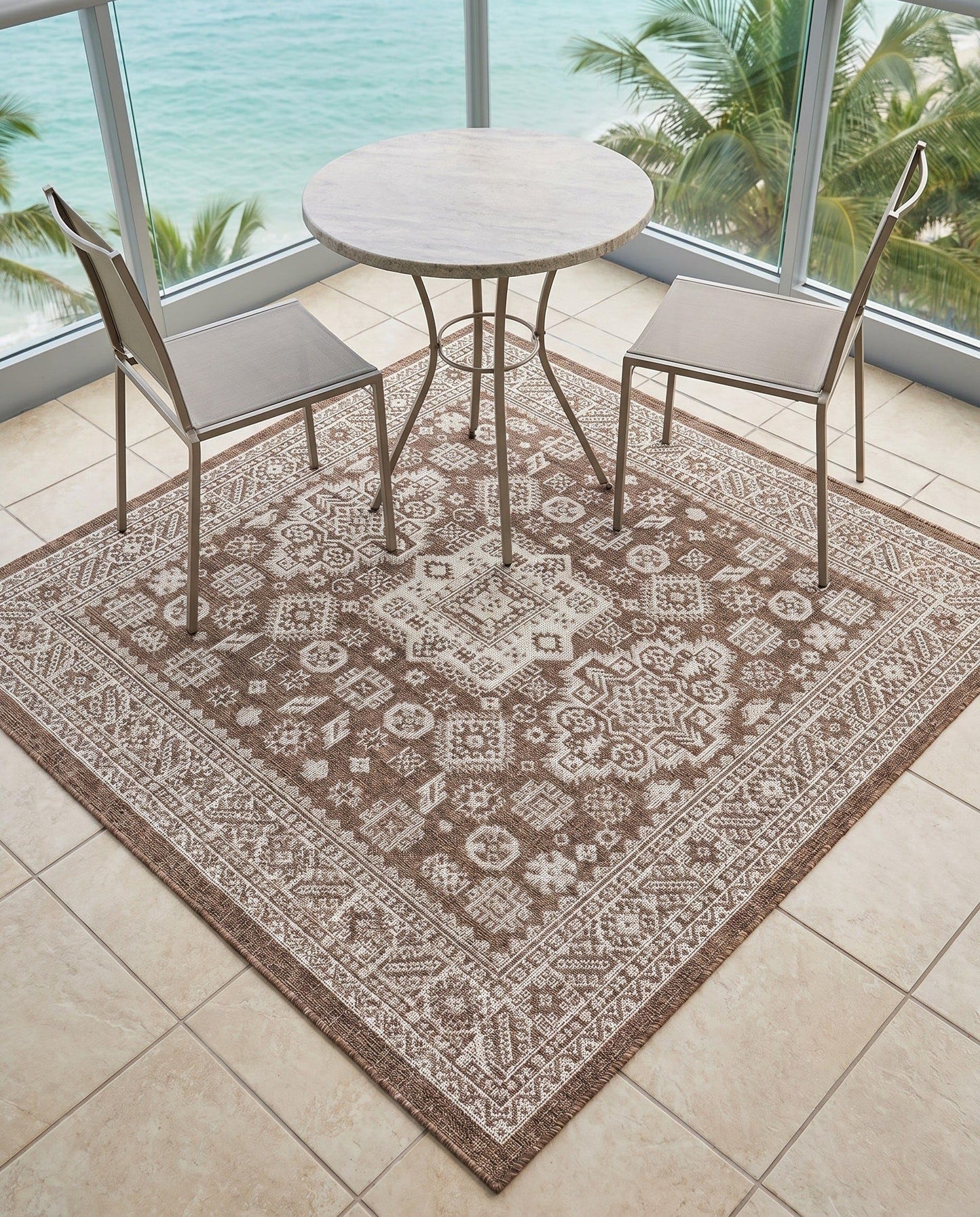 Rugs.com - Outdoor Aztec Rug – 5 Ft Square Brown Indoor/Outdoor Rug – Durable, Easy-Clean, Perfect for Patios and Porches