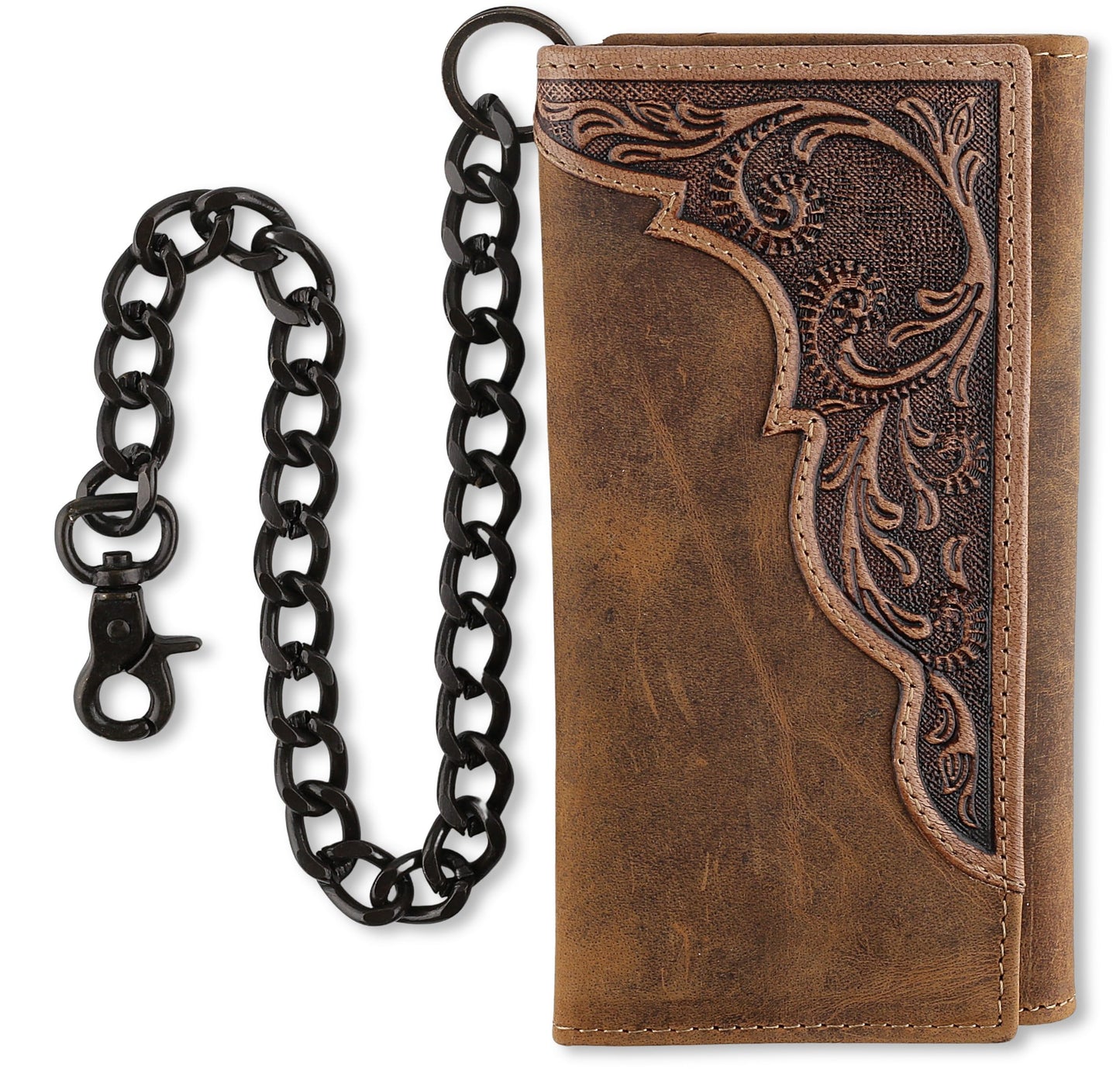 F&L CLASSIC RFID Blocking Mens Tri-fold Long Style Cowhide Leather Steel Chain Wallet,brown western,212-83